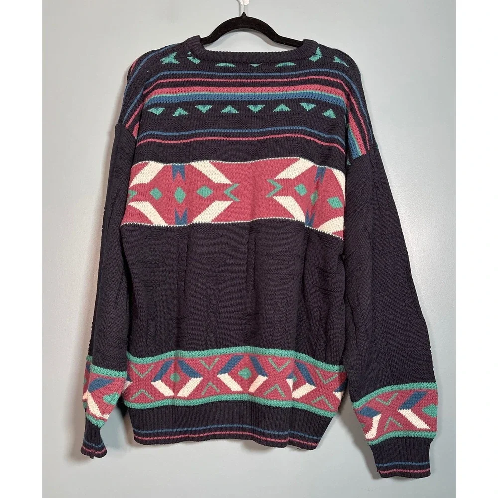 Vintage Jed‎ Wear Men's Geometric Pattern Sweater XL Blue Pink Teal